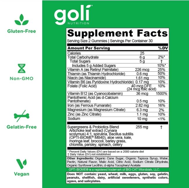 Goli Nutrition Supergreens Gummies 60's with Essential Vitamins and Minerals. Health from Within.