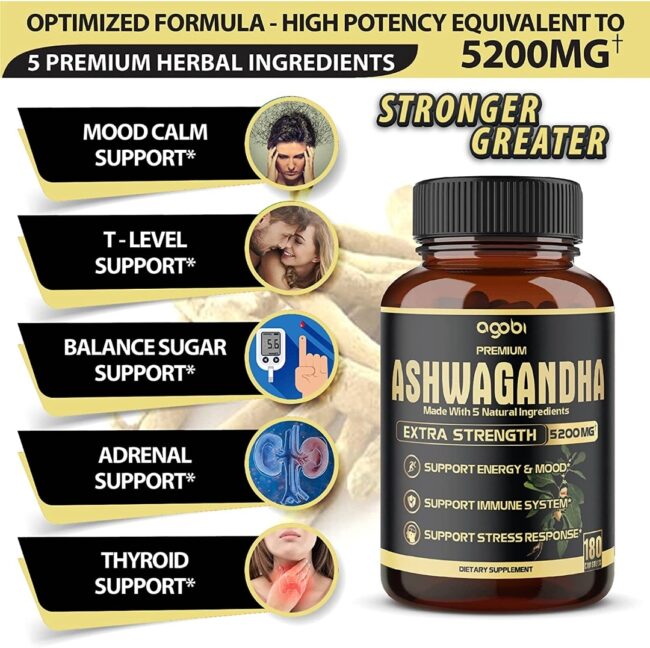 Agobi 5 in 1 Premium Ashwagandha High Extracted Capsule Equivalent to 5200mg Powder. Added Turmeric, Rhodiola Rosea, Ginger, Black Pepper, Strength & Spirit Support