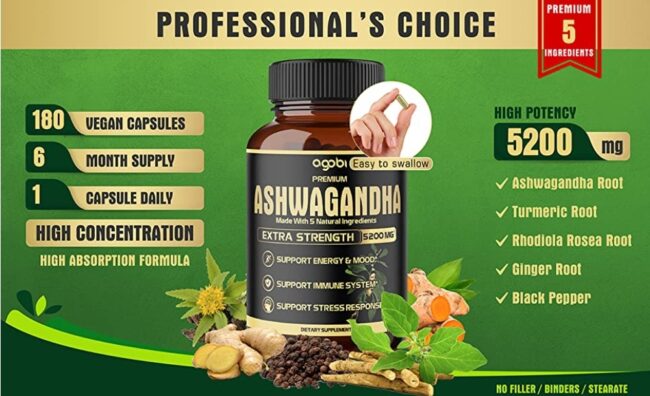 Agobi 5 in 1 Premium Ashwagandha High Extracted Capsule Equivalent to 5200mg Powder. Added Turmeric, Rhodiola Rosea, Ginger, Black Pepper, Strength & Spirit Support