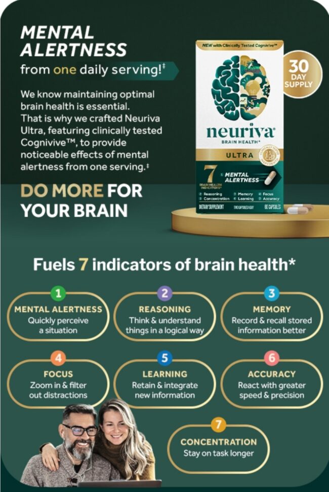Neuriva Ultra Brain Health - Mental Alertness, Memory, Focus & Concentration, Cognitive, Neurofactor, Vitamin B6 B12